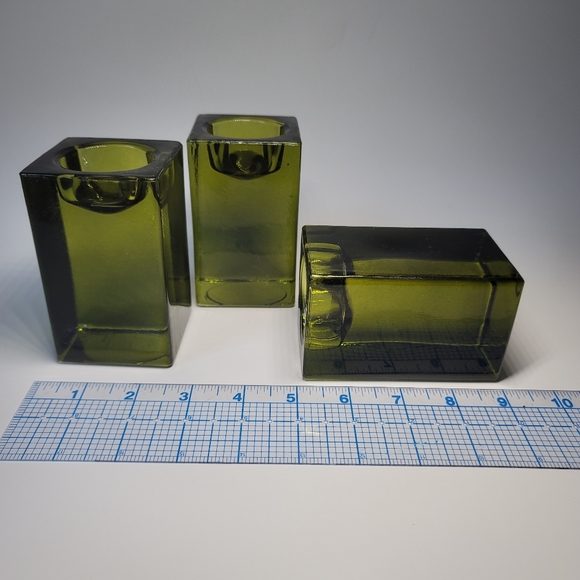 Set 3 block green glass candle holders midcentury - Picture 6 of 9